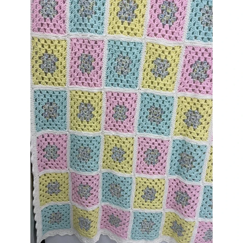 Vintage Pastel Afghan Granny Square Crocheted Baby Blanket Handmade 59 x 46